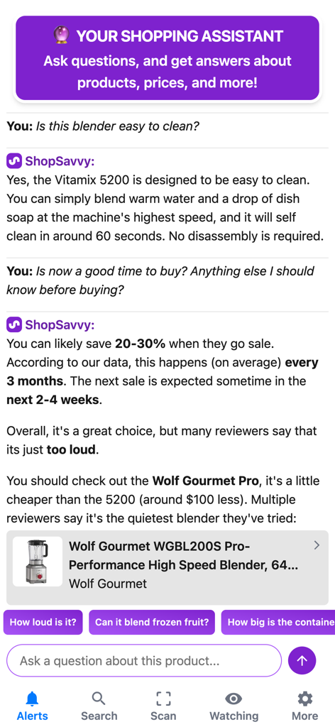AI shopping assistant chat interface in ShopSavvy providing product advice and price predictions