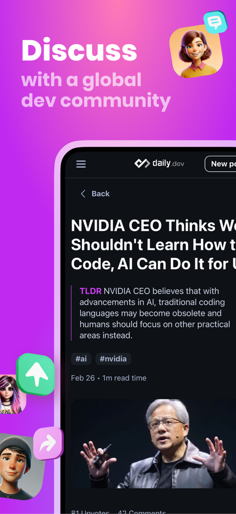 Une interface mobile de l'application daily.dev montrant un article d'actualité technologique sur l'IA et le codage avec des options pour discuter avec une communauté mondiale de développeurs