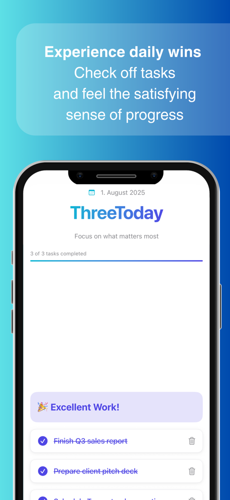 ThreeToday - Pantalla de la aplicación móvil ThreeToday mostrando tres tareas completadas con una barra de progreso y mensaje de celebración