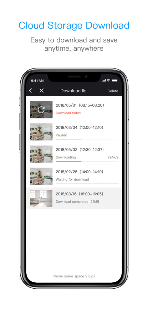 Clever Dog app cloud storage interface showing a list of recorded security videos ready for download