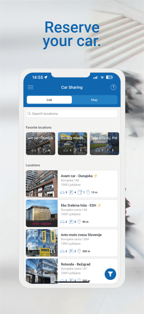 Avant2Go Car Sharing - 카셰어링에 사용 가능한 전기차 위치 목록을 보여주는 Avant2Go 모바일 앱 인터페이스.