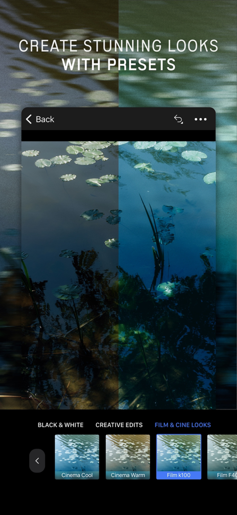 Interfaccia dell'app mobile Capture One che mostra una foto in fase di editing con vari preset film e cine