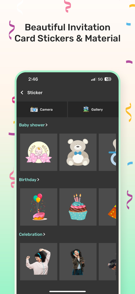 Invitation Maker : Card Maker - A mobile app screen displaying categories of stickers for invitations like baby shower, birthday, and celebrations.
