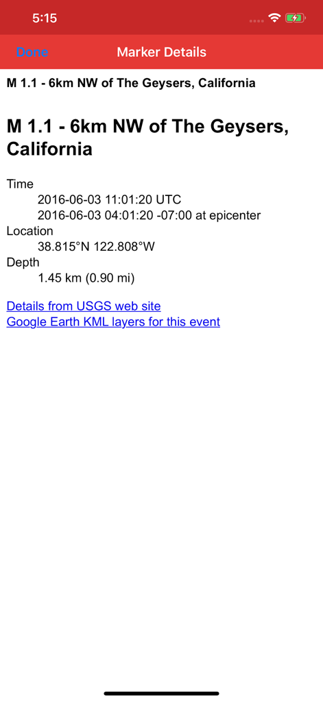 Kml Viewer-Kml Converter app - Vista dettagliata del marcatore nell'app KML Viewer che mostra le coordinate geografiche e le informazioni sulla posizione