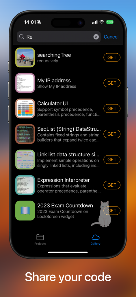 Uma captura de tela da seção de galeria no aplicativo C Code Develop exibindo uma lista de projetos de programação em C para download e exemplos de estruturas de dados.