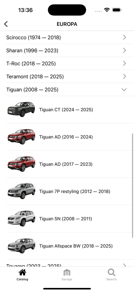 Car parts for Volkswagen - List of Volkswagen Tiguan models by year in the car parts app catalog