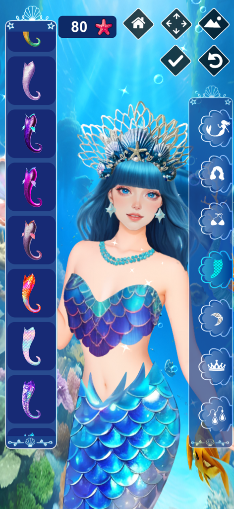 Mermaid Dress Up Game - Mermaid character customization screen with different tail options and accessories