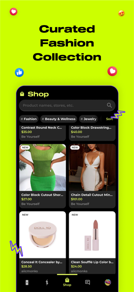 A screenshot of the Popshop.live app showing a curated selection of fashion and beauty products with prices and categories.