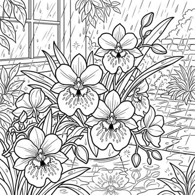Unwind with this captivating coloring page featuring exquisite Miltonia Orchids, also known as Pansy Orchids, flourishing amidst a gentle rainy day scene. Immerse yourself in the tranquility of nature as you bring these beautiful flowers to life with your colors.