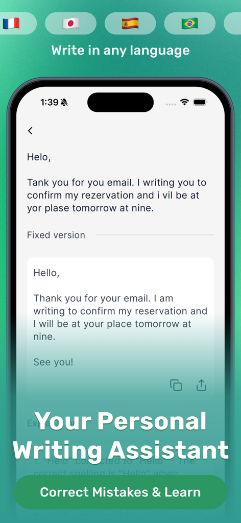 Grammar Check app interface showing a corrected email draft and multilingual support icons