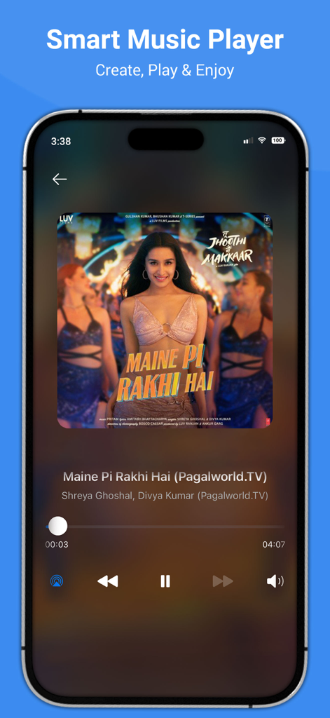 MX Video Player – All in One - Smartphone screen showing a music player interface with song title, artist name, and playback controls.