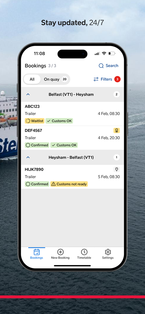 Freight Planner - Una pantalla de smartphone que muestra la aplicación Freight Planner con una lista de reservas de ferry activas y su estado.