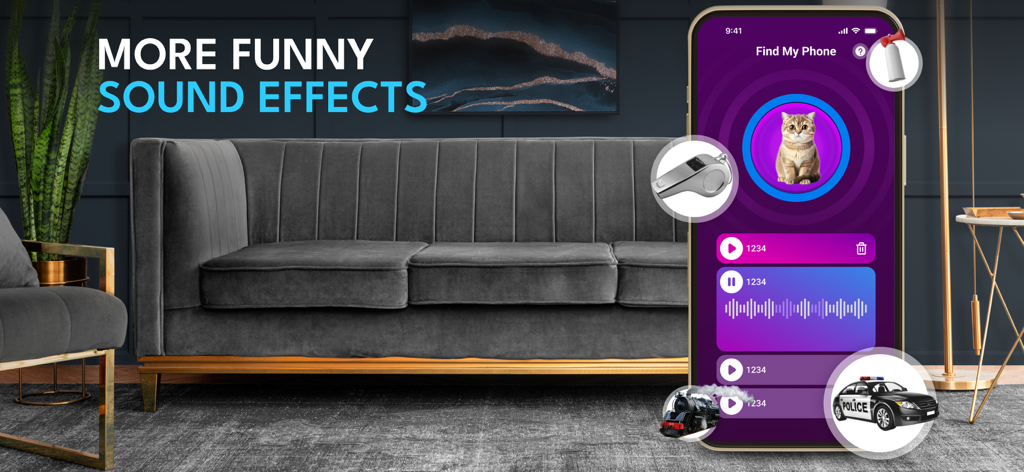 Teléfono inteligente que muestra efectos de sonido divertidos que incluyen silbido de gato y sirena de policía para encontrar un teléfono perdido en una sala de estar