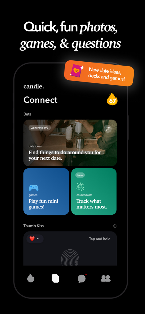 Candle: Couples & Relationship - O painel Connect do aplicativo Candle para casais, apresentando seções para ideias de encontros, minijogos e o recurso Beijo de Polegar.