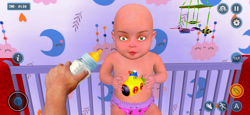 Virtual Baby and Mom Simulator - Un bebé virtual en 3D en una cuna siendo alimentado con un biberón en una guardería.