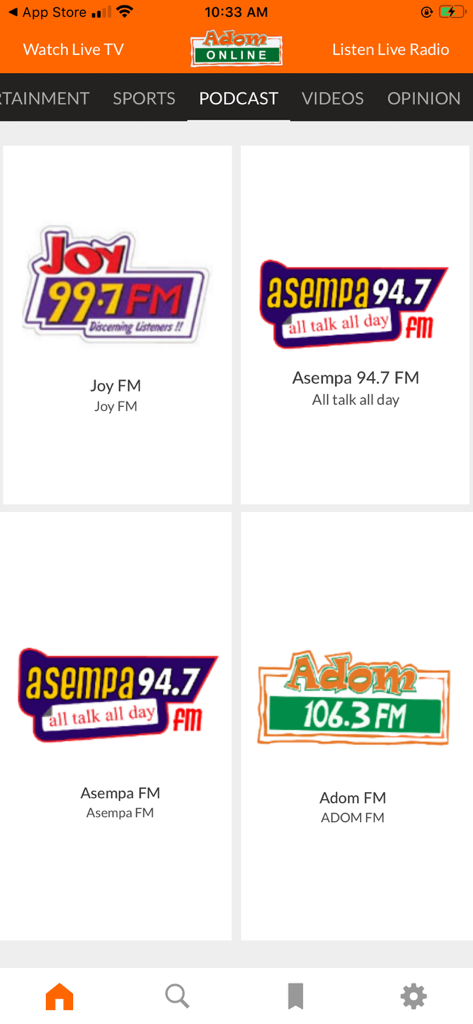AdomOnline - Interface of the AdomOnline app displaying Ghanaian radio station logos for Joy FM, Asempa FM, and Adom FM.