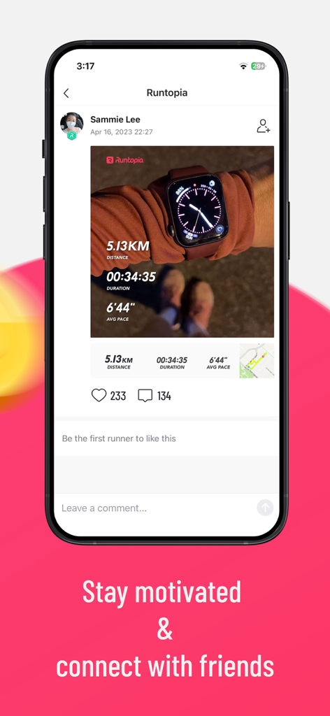 A screenshot of the Runtopia app social feed showing a users workout summary with distance and pace to connect with friends