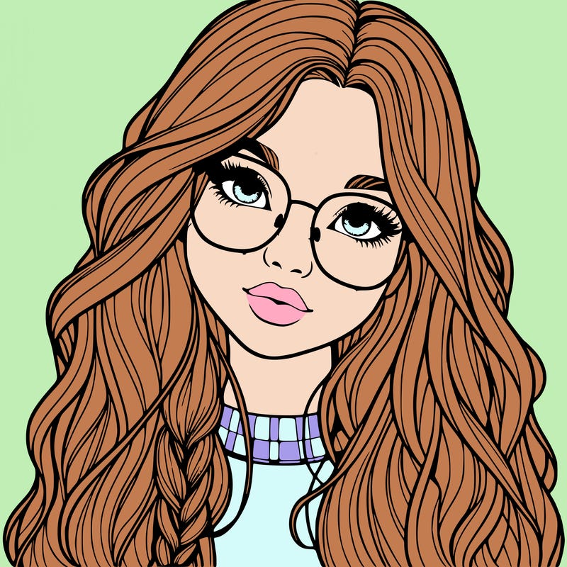 girl with long hair and freckles and glasses realistic