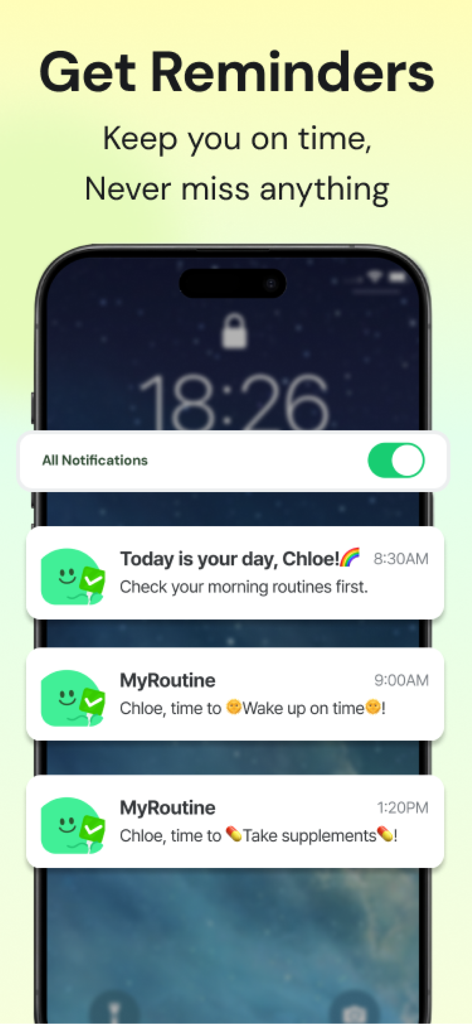 MyRoutine: Routine Habit Goal - A smartphone screen displaying several personalized habit reminders from the MyRoutine app on a lock screen background.