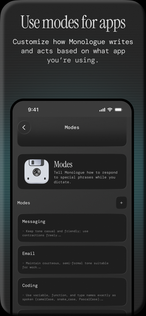 Monologue: Smart Dictation - A screenshot of the Monologue app showing different dictation modes for messaging, email, and coding with customized tone and formatting settings.
