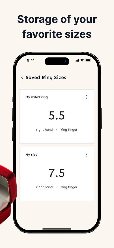 Ring Sizer. - A mobile app screen showing saved ring sizes for different people and fingers