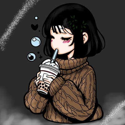manga girl drinking boba in cozy sweater