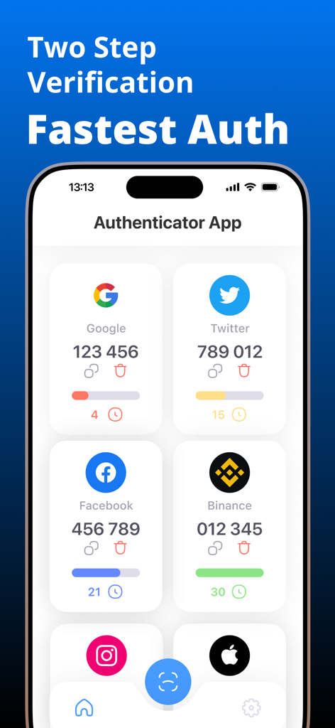 Interface do aplicativo Authenticator mostrando códigos de verificação em duas etapas para contas como Google, Twitter, Facebook e Binance.