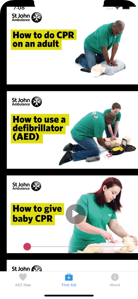 AED Malta app showing instructional videos for CPR and AED use