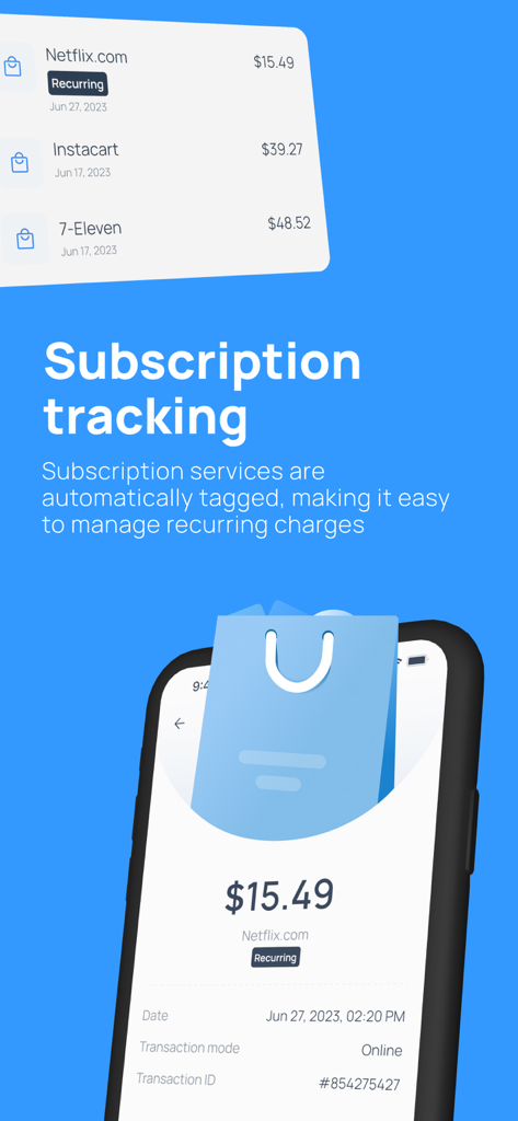 A mobile interface showing the Sparrow Card App's subscription tracking feature with tagged recurring charges.