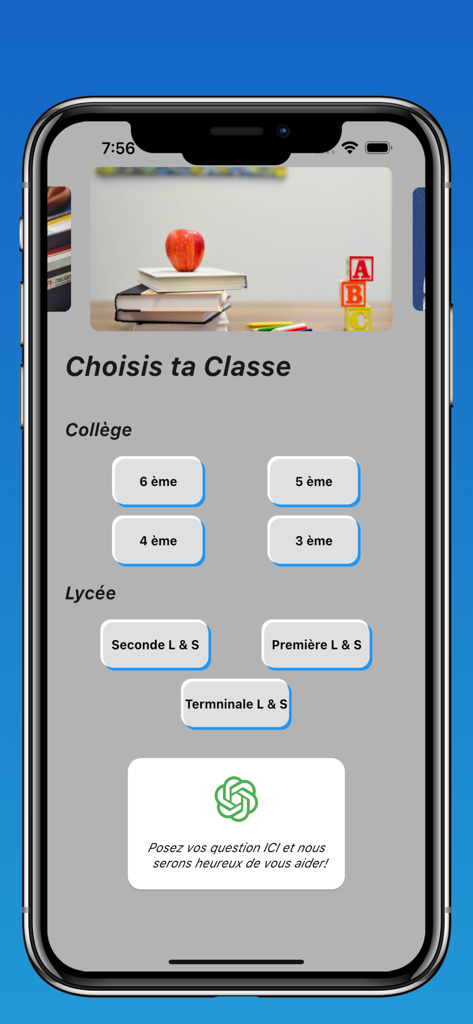 Sama School (Collège & Lycée) - Interface de l'application Sama School montrant les options de niveau scolaire pour les élèves du collège et du lycée