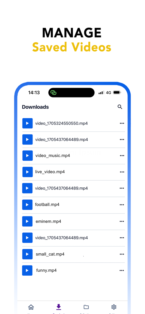 Interface of the Video Save app showing a list of managed and saved MP4 video files