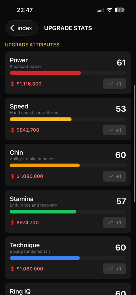 Boxing Career Simulator - Interface de um aplicativo simulador de carreira de boxe mostrando opções para atualizar estatísticas do lutador como força, velocidade, queixo e fôlego