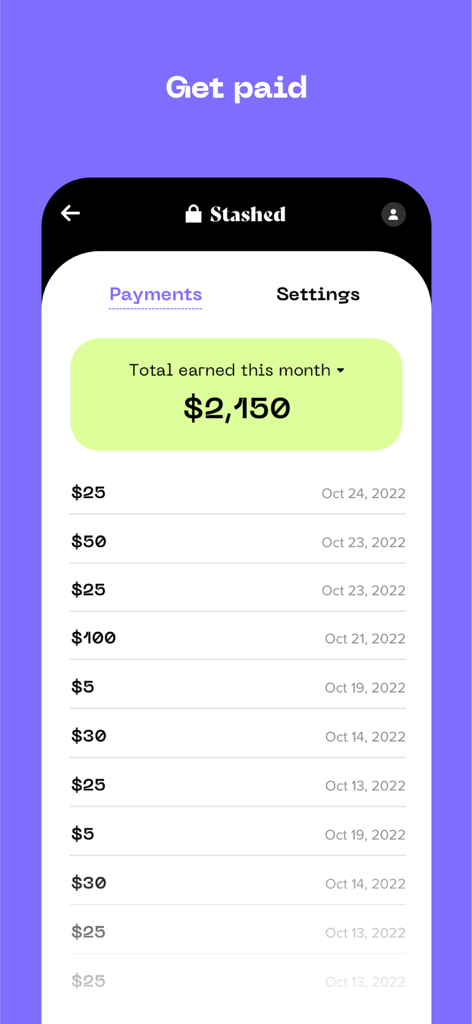 Stashed - Sell Private Files - Stashedアプリのスクリーンショットで、月間収益の概要とデジタルファイル販売からの支払いトランザクションのリストが表示されています。