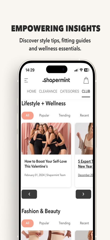 Shapermint: Best Shapewear - Shapermint app screen featuring lifestyle and wellness articles with style tips and self-love advice