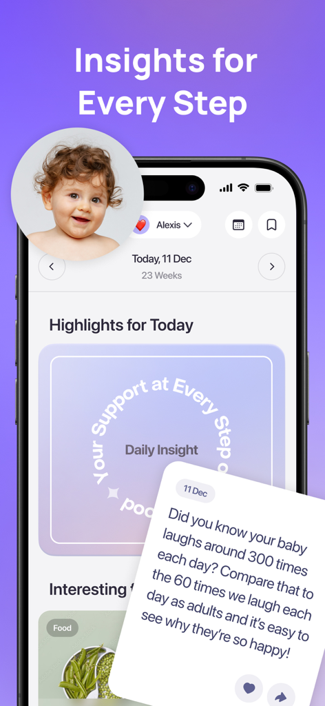 Uni - Pregnancy + Baby Growth - Uni app interface displaying daily insights and fun facts about baby development milestones