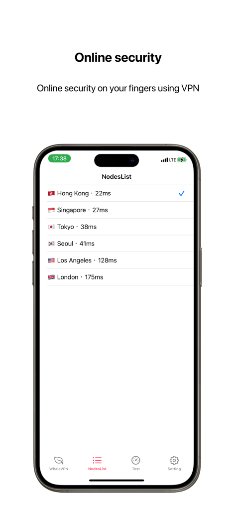 Whale VPN app interface showing a list of international server locations for secure browsing