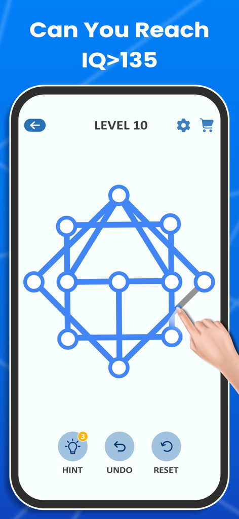One Line - One Touch Puzzle - A hand connecting dots in a geometric shape on a minimalist puzzle game screen with an IQ challenge headline