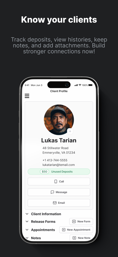 Tattoo Studio Pro - Tattoo Studio Pro mobile app client profile screen showing deposit tracking and contact details