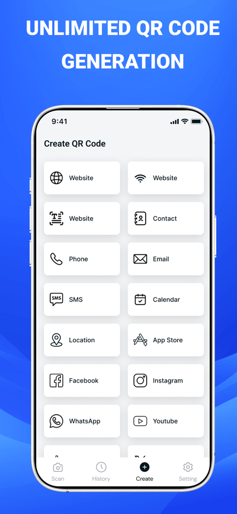 Interface of the iQR Scanner Pro app showing various options to create custom QR codes for websites, contacts, emails, and social media platforms.