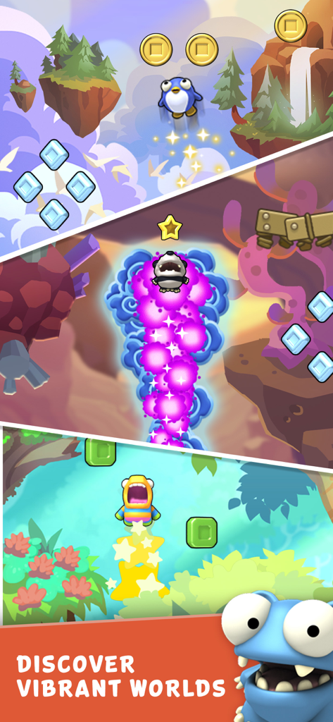 Mega Jump Halfbrick+ - A collage showing three different colorful game worlds and characters from Mega Jump Halfbrick plus