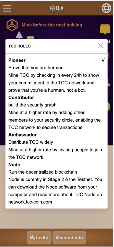 TCC - Mobile screen showing user roles for the TCC cryptocurrency app including Pioneer Contributor and Ambassador