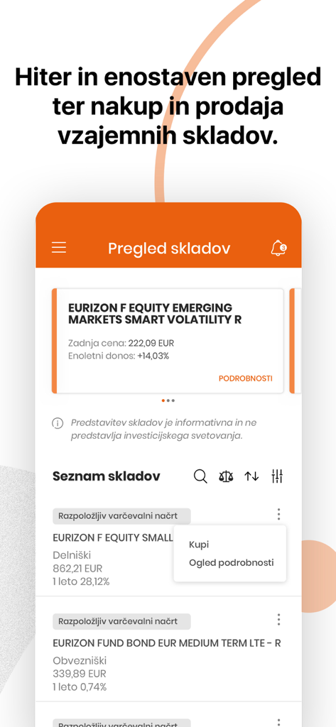 INTESA SANPAOLO BANK MOBILE - Interfaccia dell'app Intesa Sanpaolo Bank Mobile che mostra un elenco di fondi comuni di investimento con performance di investimento e opzioni di acquisto