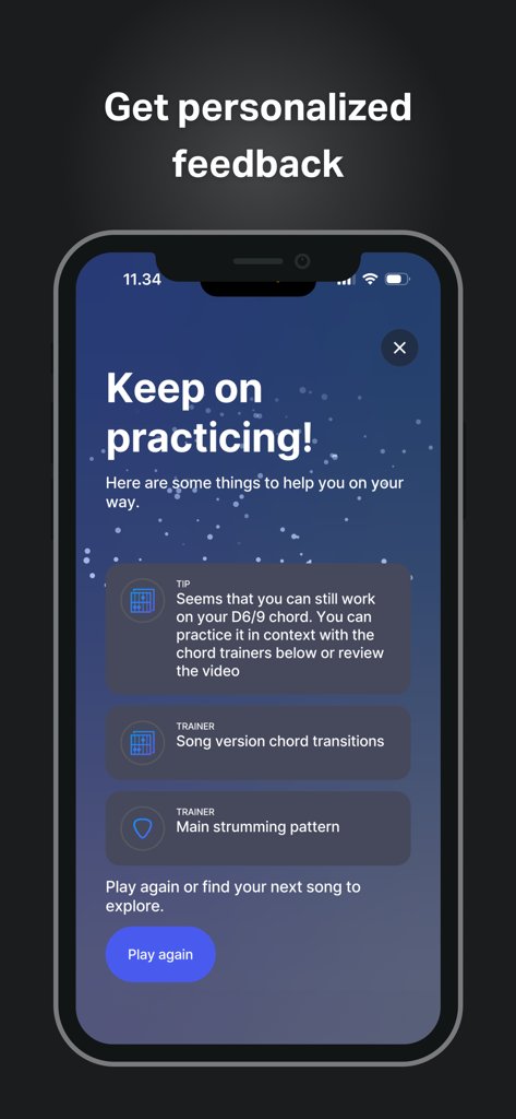 GuitarTuna App-Bildschirm mit personalisiertem Feedback zum Gitarrenüben und Tipps zum Training