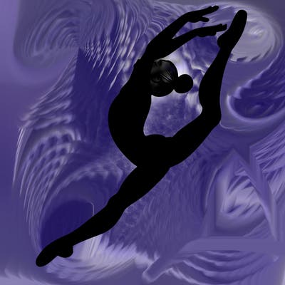 gymnast doing a leap in a leotard with a bent back leg