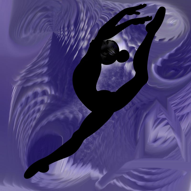 gymnast doing a leap in a leotard with a bent back leg