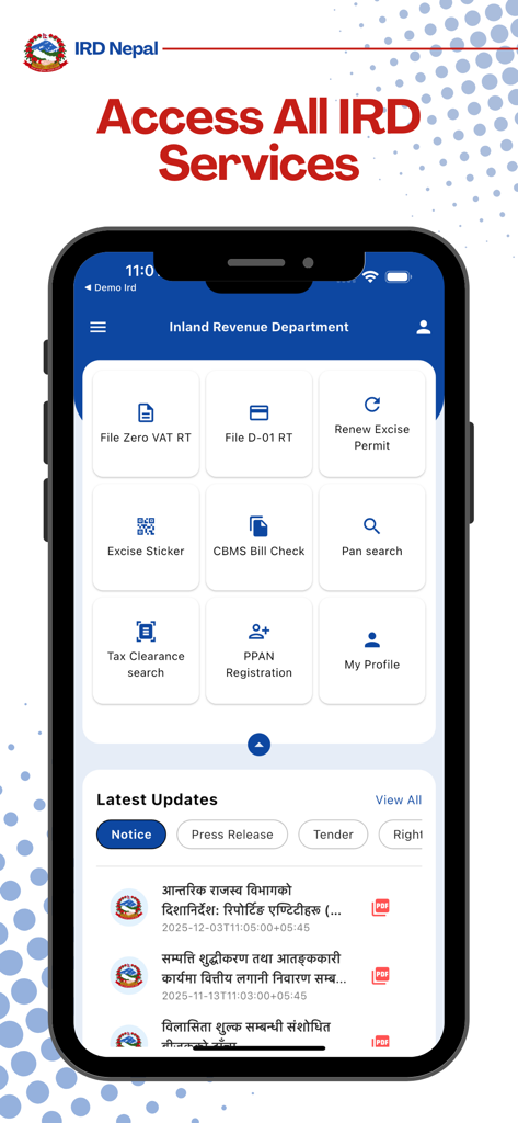 Dashboard of the IRD Nepal app featuring tax filing and registration services
