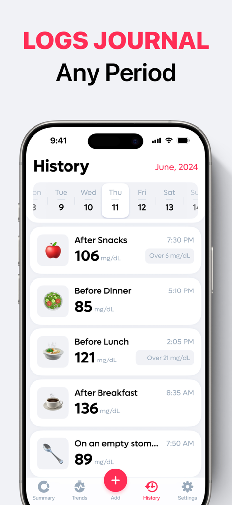 Blood Sugar & Glucose Tracking - Tela de aplicativo móvel exibindo um diário diário de registros de glicose no sangue com categorias de refeição e valores de mg dL.