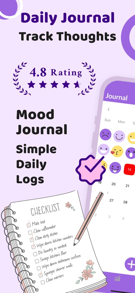 Digital Journal Diary - Interfaz de la aplicación Diario Digital con emojis para rastrear el estado de ánimo y una lista de verificación de productividad diaria