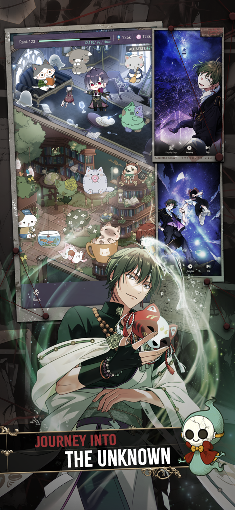 Tokyo Debunker game promo featuring a handsome anime ghoul character, cute cat familiars in a library, and supernatural story panels.