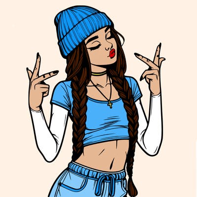 realistic teenage girl with braids and a beanie and crop top doing 🫶🏼